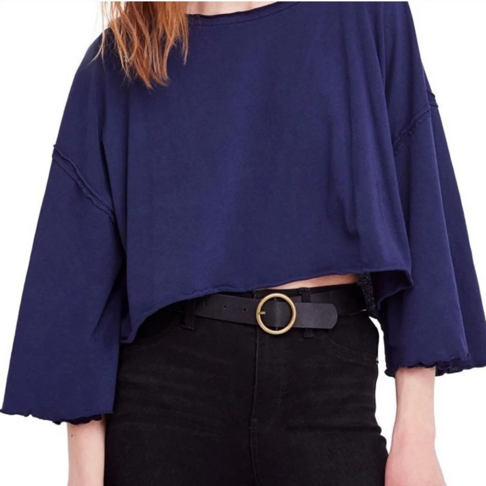 Free People Bird Gang Cropped Oversized Bell Sleeve Beachy Blue Cotton Tee L